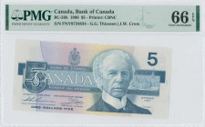 CANADA: 5 Dollars (1986) in blue-gray on multicolor unpt. Sir Wilfrid Laurier at center right on face. S/N: "FNY 9734834". Printed by (CBNC). Inside h...