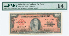 CUBA: 100 Pesos (1959) in black on orange unpt. Portrait of Francisco Vicente Aguilera at center on face. S/N: "B 242818 A". Printed by ABNC. Inside h...