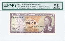 EAST CARIBBEAN STATES / ANTIGUA: 20 Dollars (ND 1965) in purple on multicolor unpt. Turtles at center, map at left & Queen Elizabeth II at right on fa...