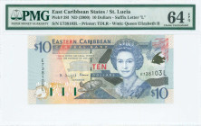 EAST CARIBBEAN STATES / ST LUCIA: 10 Dollars (ND 2000) in blue and black on multicolor unpt. Portrait of Queen Elizabeth II at center right on face. S...