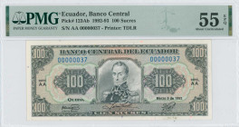 ECUADOR: 100 Sucres (9.3.1992) in black on multicolor unpt. Portrait of Simon Bolivar (finer) at center on face. Low S/N: "AA 00000037". Printed by TD...