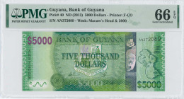 GUYANA: 5000 Dollars (ND 2013) in green. Map at right on face. S/N: "AN 372089". WMK: Macaw head. Printed by FC-O. Inside holder by PMG "Gem Uncircula...