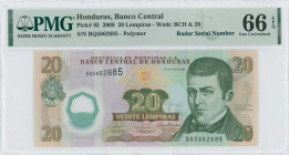 HONDURAS: 20 Lempiras (31.7.2008) in green on multicolor unpt. Dionisio de Herrera at right on face. Radar S/N: "BQ5862685". WMK: BCH & value 20. Insi...