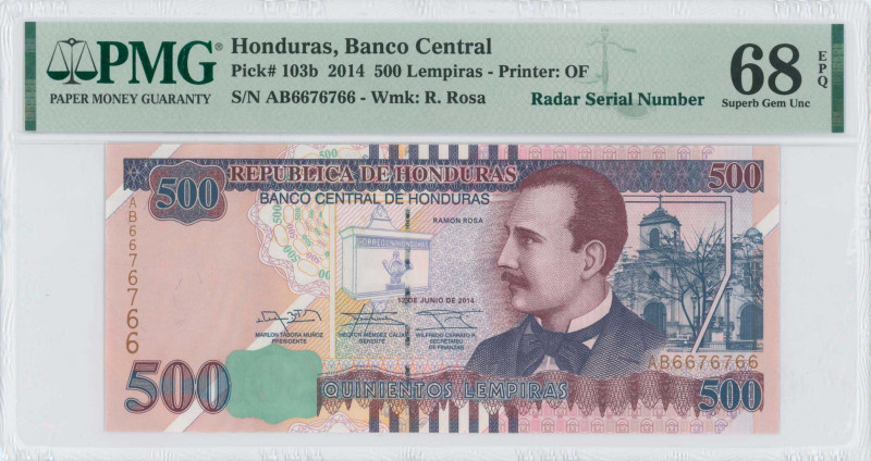 HONDURAS: 500 Lempiras (12.6.2014) in multicolor. Ramon Rosa facing left at cent...