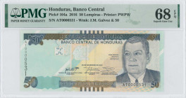 HONDURAS: 50 Lempiras (2016) in multicolor. Juan Manuel Galvez at right on face. Low S/N: "AT 0000531". WMK: Juan Manuel Galvez & "50". Printed by PWP...