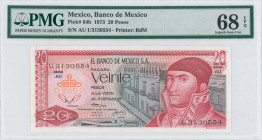 MEXICO: 20 Pesos (18.7.1973) in red and black on multicolor unpt. Morelos y Pavon at right with building in background on face. S/N: "AU U3130554". Pr...