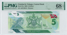 TRINIDAD & TOBAGO: Lot of 2 banknotes of 5 Dollars (2020) in green. Coat of arms at center and blue crowned motmot at left on face. Consecutive S/Ns: ...