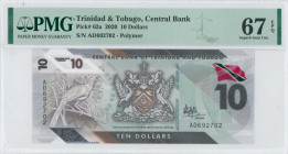 TRINIDAD & TOBAGO: Lot of 2 banknotes of 10 Dollars (2020) in gray. Coat of arms at center and piping guan on branch at left on face. S/Ns: "AD 692702...