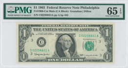 USA: 1 Dollar (1963) Federal Reserve note (Philadelphia). Portrait of George Washington at center on face. S/N: "C 02256821 A". Signatures by Granahan...