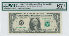 USA: 1 Dollar (1969) Federal Reserve note (Kansas City). Portrait of George Washington at center on face. S/N: "J 11044039 A". Signatures by Elston & ...