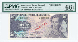 VENEZUELA: Specimen of 10 Bolivares (29.1.1980) in purple on multicolor unpt. Antonio Jose de Sucre at right on face. Diagonal red ovpt "MUESTRA" at c...