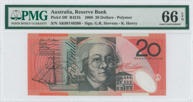 AUSTRALIA: 20 Dollars (2008) in black and red on orange and pale green unpt. Mar...