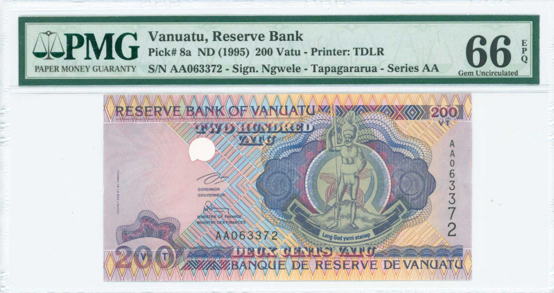 VANUATU: 200 Vatu (ND 1995) in purple and violet on multicolor unpt. Arms with M...