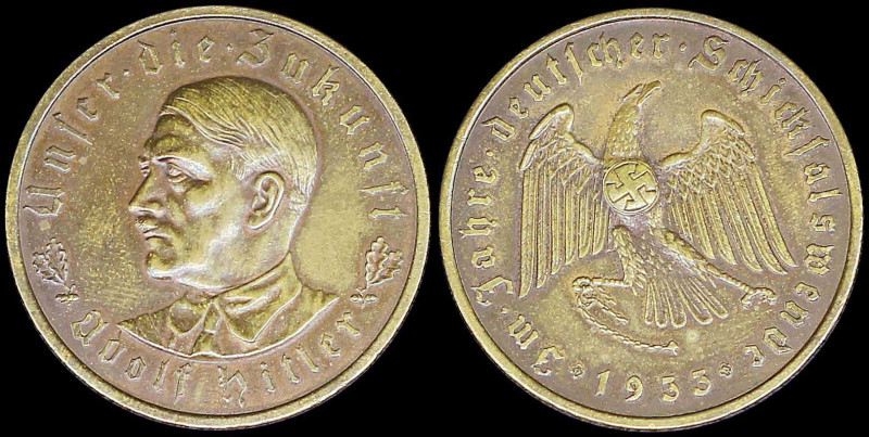 GERMANY - THIRD REICH: Bronze or brass medal (1933). Bust of Adolf Hitler on obv...