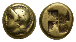 IONIA. Phokaia. EL Hekte (9.6mm, 2.6 g) (Circa 478-387 BC). Obv: Helmeted head of Athena left; below, small seal left. Rev: Quadripartite incuse squar...