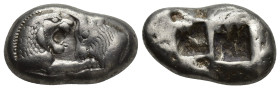 Kings of Lydia, time of Croesus. Stater, Sardis circa 561-546 BC, AR (23mm, 10.6 g). Confronted foreparts of lion and bull. Rev. Two incuse squares.