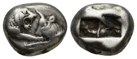 Kingdom of Lydia, Kroisos AR Half Stater - Siglos. (15mm, 5.2 g) Sardes, circa 564-539 BC. Confronted foreparts of lion right and bull left / Two incu...
