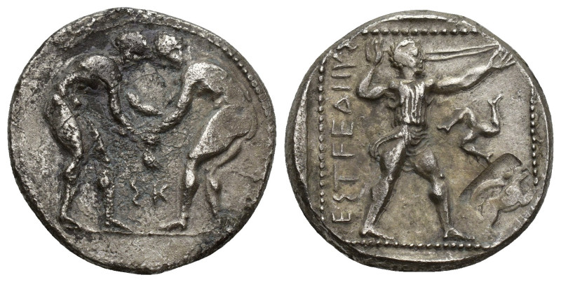 Pamphylia, Aspendos AR Stater. (23mm, 10.6 g) Circa 380-325 BC. Two wrestlers gr...