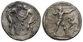 Pamphylia, Aspendos AR Stater. (23mm, 10.6 g) Circa 380-325 BC. Two wrestlers grappling; ΣK between / Slinger in throwing stance to right; EΣTFEΔIIYΣ ...
