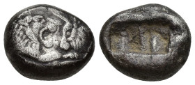 KINGS of LYDIA. Time of Kroisos. Circa 561-546 BC. AR Half-Stater-Siglos (15mm, 5.1 g). Confronted foreparts of a roaring lion on right and a bull on ...