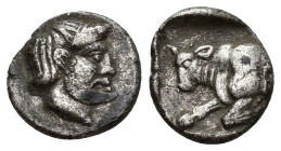 Caria, Uncertain, c. 400 BC. AR Diobol (11mm, 1.5 g). Bearded male head (Hekatomnos?) r. R/ Forepart of bull l. within incuse square.