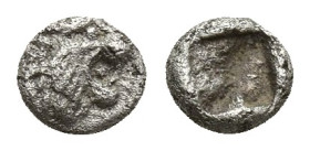 Persia, Achaemenid Empire AR 1/48 Stater. (4.7mm, 0.1 g) Time of Kyros - Darios I, in the types of Kroisos. Sardes, circa 550-520 BC. Head of roaring ...