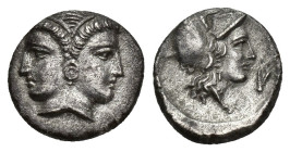 MYSIA, Lampsakos. 4th century BC. AR Diobol (10mm, 1.2 g). Janiform female heads / Helmeted head of Athena right.
