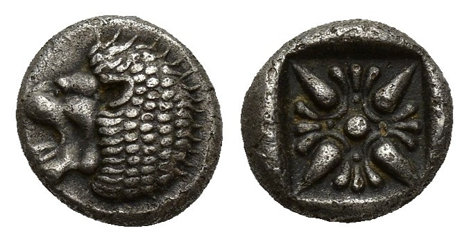 IONIA. Miletus. Ca. late 6th-5th centuries BC. AR obol (9mm, 1.1 g). Forepart of...
