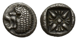 IONIA. Miletus. Ca. late 6th-5th centuries BC. AR obol (9mm, 1.1 g). Forepart of roaring lion right, head reverted / Stellate floral pattern with cent...
