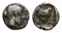 Troas, Antandros AR Hemiobol. (7.4mm, 0.4 g) Late 5th century BC. Head of Artemis Astyrene right / Head of panther facing, A–N across lower fields; al...