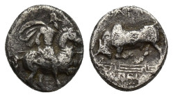 Ionia, Magnesia ad Maeandrum, c. 350-325 BC. AR Hemidrachm (10mm, 1.7 g). Horseman with couched spear r. R/ Bull butting l.; maeander pattern and [mag...