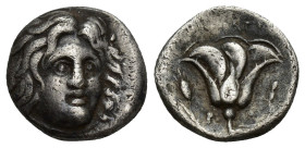 Islands of Caria, Rhodos. Rhodes. 275-250 B.C. AR drachm (14mm, 3.2 g). Helios radiate head facing 3/4 left / Rose with bud right,corn ear to left, P-...