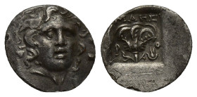 ISLANDS off CARIA, Rhodos. Rhodes. Circa 88-84 BC. AR Hemidrachm (12mm, 1.2 g). 'Plinthophoric' coinage. Maes, magistrate. Radiate head of Helios righ...