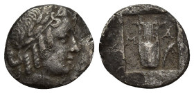 LYCIA, Lycian League, Masikytes (Circa 42 BC) AR Hemidrachm (14mm, 1.3 g) Obv: Laureate head of Apollo right. Rev: M-A, lyre, filleted branch to right...