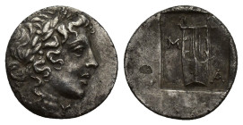 LYCIAN LEAGUE. Masicytes. Ca. 48-20 BC. AR hemidrachm (14mm, 2.1 g). Laureate head of Apollo right; Λ-Y below / M-A, cithara (lyre); M high on left si...