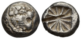 Dynasts of Lykia, uncertain dynast AR Stater. (17mm, 9.4 g) Uncertain mint, circa 520-480 BC. Head of roaring lion to right / Incuse square with radia...