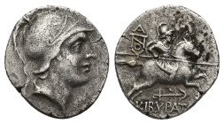 Phrygia, Kibyra, AR drachm, (16mm, 2.6 g). 190-83 BC. Helmeted male head right. KIBYRATWN beneath warrior on horseback galloping right, holding spear ...