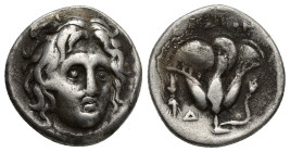 ISLANDS OFF CARIA, Rhodos. Rhodes. Circa 305-275 BC. Didrachm (Silver, 19mm, 6.8 g). Head of Helios facing, turned slightly to the right. Rev. POΔION ...