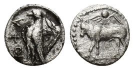 CYPRUS. Paphos. Stasandros (Mid-late 5th century BC). 1/24 Siglos or Obol. (9mm, 0.6 g) Obv: Bull standing left; winged solar disc above. Rev: Eagle s...