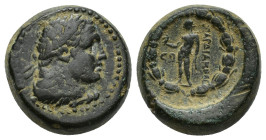 Lydia, Sardes Æ (17mm, 8.9 g). 2nd-1st century BC. Laureate head of Herakles right wearing lion skin around neck / Apollo standing facing, head left, ...