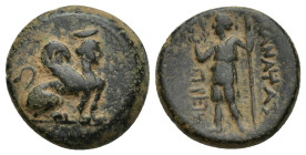 PAMPHYLIA. Perge. Ae (16mm, 4.7 g) (Circa 260-230 BC). Obv: Sphinx seated right, wearing kalathos. Rev: ИANAΨAΣ / ΠPEIIAΣ. Artemis standing left, hold...