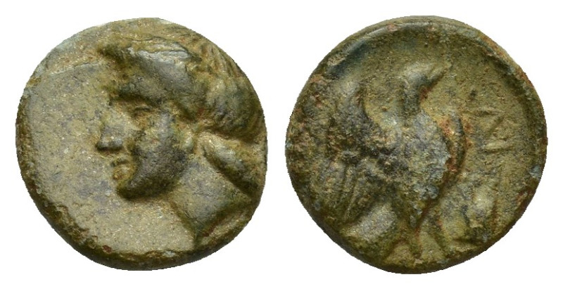 Caria, Halikarnassos, mid 4th-3rd centuries BC. Æ (10mm, 1 g). Laureate head of ...