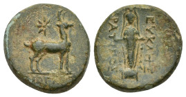 IONIA. Magnesia ad Maeandrum. Ae (16mm, 5.1 g) (2nd-1st centuries BC). Eukles, son of Kratinos, magistrate. Obv: ΜΑΓΝHT. Stag standing right; star abo...