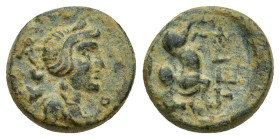 Pisidia. Termessos Major circa 100-0 BC. Bronze Æ (13mm, 2.3 g). Laureate, and draped bust right (Artemis ?) / Humped bull jumping left, TEP below, cr...