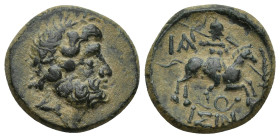 GREEK Pisidia, Isinda Æ (18mm, 5 g). Dated CY 11 = 15/4 BC(?). Laureate head of Zeus right / Warrior on horse galloping right, preparing to hurl spear...