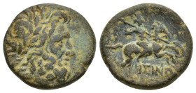 Pisidia. Isinda circa 100-0 BC. Bronze Æ (19mm, 6.6 g). Laureate head of Zeus right / IΣIN beneath rider on horseback galloping right, wielding spear,...