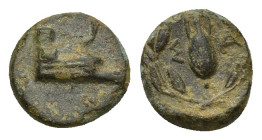 Ionia, Samos Æ (8.5mm, 0.4 g). Circa 394-365 BC. Prow of galley to right / Amphora, Σ-A across; all within wreath.