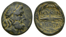 PHRYGIA, Mysia Abbaitis. 2nd century BC. Æ (18mm, 6.8 g). Laureate head of Zeus right / Winged thunderbolt within wreath.