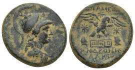 PHRYGIA, Apameia. Circa 100-50 BC. Æ (22mm, 10.3 g). Andronikos and Alkion, magistrates. Draped bust of Athena right, wearing Corinthian style helmet ...
