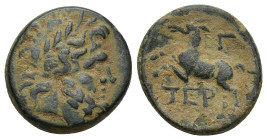 PISIDIA. Termessos. Ae (17mm, 5 g) (1st century BC). Dated CY 3. Obv: Laureate head of Zeus right. Rev: TEP. Horse rearing left; Γ (date) to upper rig...
